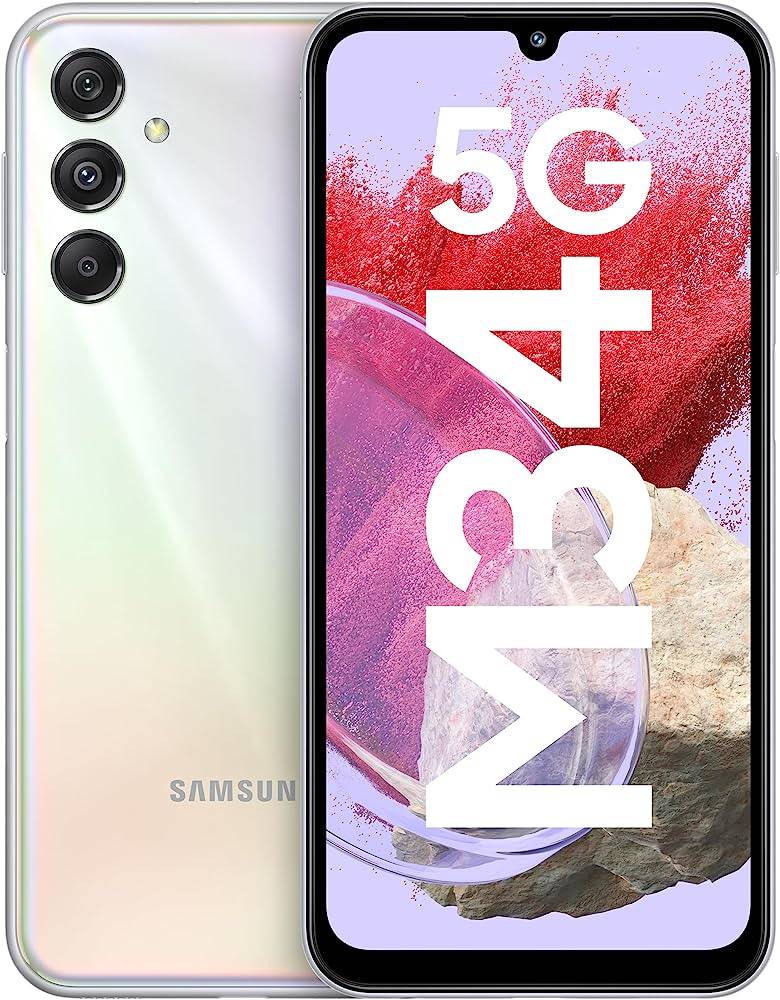 Samsung Galaxy M34 5G Released on 2023, July 15, 208g, 8.8mm thickness, Android 13, up to Android 14, One UI 6, 128GB storage, microSDXC, 6.5"1080x2340 pixels, 50MP2160p, 6/8GB RAMExynos 1280, 6000mAhLi-Po
