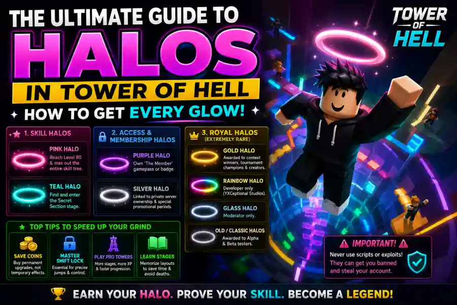 Halos in Tower of Hell How to Unlock Every Glow Effect in Roblox