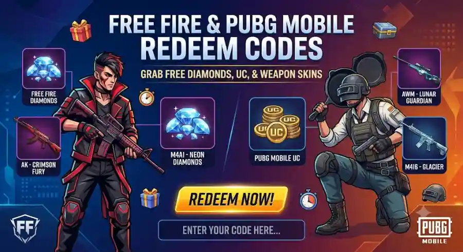 Free Fire and PUBG Mobile Redeem Codes 2026 earn Free Diamonds, UC, Weapon Skins, Outfits and Exclusive Rewards