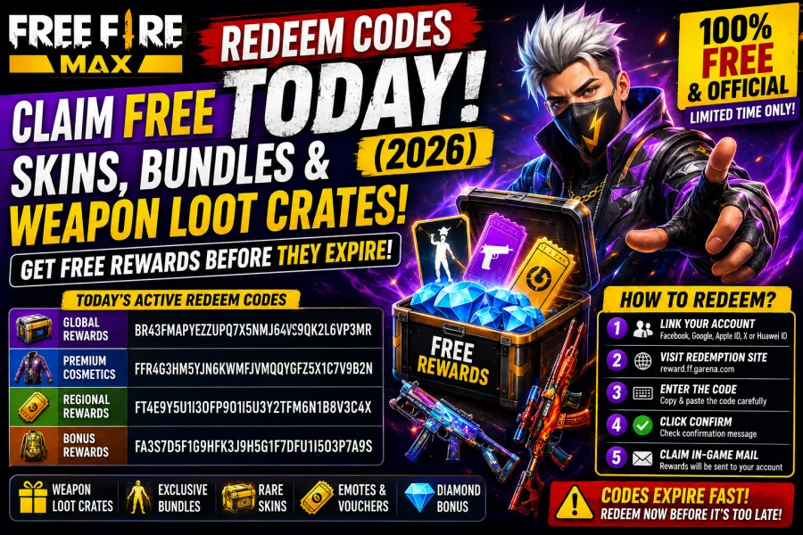 Free Fire MAX Redeem Codes Today 2026, Claim Free Skins, Bundles & Weapon Loot Crates