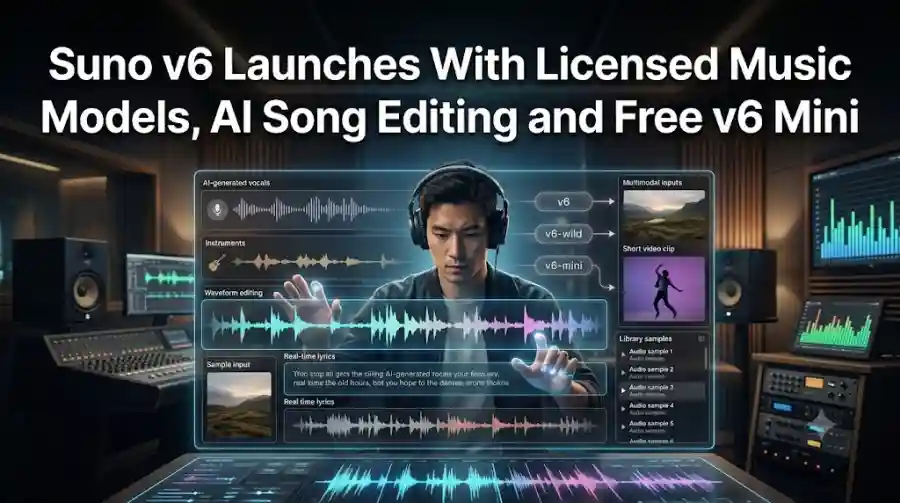 Suno v6 Launches With Licensed Music Models, AI Song Editing and Free v6 Mini